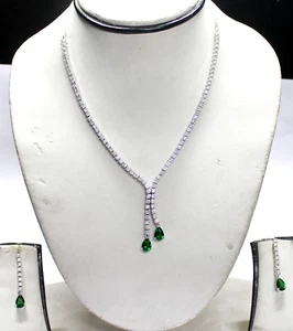 7.20ct Natural Round Diamond 14K White Gold Emerald Wedding Necklace Set - Picture 1 of 17
