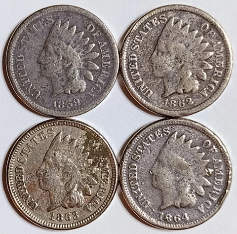 Indian Head Penny "4" Coin Lot 1859- 1862- 1863 & 1864 *CN* *FREE SHIPPING* #990 Cover