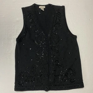 Yarnworks Sweater Vest Black Size Medium Heavily Jeweled Beaded NWOT 18"x25" - Picture 1 of 5