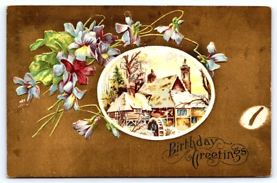 DE COLECCIÓN ANTIGUA POSTAL CUMPLEAÑOS SALUDOS HOGAR RUEDA DE AGUA FLORES ORO Foto 1 de 2