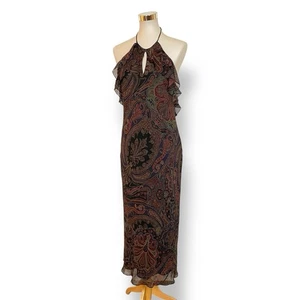 Lauren Ralph Lauren Size M Halter Dress Long Burgundy Black Navy Paisley Silk - Picture 1 of 7