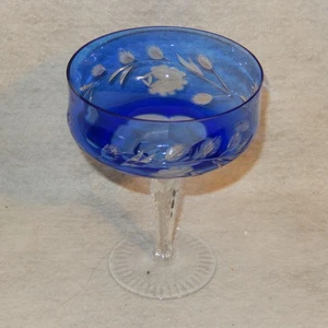 Cobalt BLUE Cut To Clear Large Crystal Champagne FLOWER Rose Glass Coupe Sherbet - Picture 1 of 9