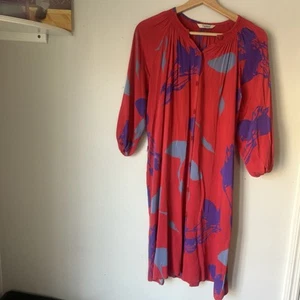 Tucker Womens Silk Ruched Abstract Long Sleeve Button Up Shirt Dress Red Size M - Picture 1 of 8