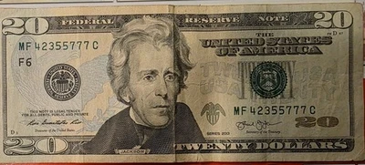 Circulated $20 Twenty Dollar Bill with 777 Serial number MF42355777C - Image 1 of 2