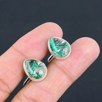 Gemelos de plata de ley 925 hechos a mano con piedras preciosas de rutilo verde Foto 1 de 4