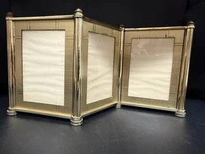 RARE 1950's - 60's Swiss Machine man-Made Brass Tri-Fold Picture Frame MCM Gold - Picture 1 of 6