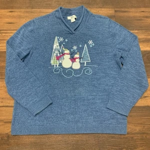 CJ Banks Blue Womens Christmas Knit Sweater Pullover W/Snowmen Couple Sz 1X - Picture 1 of 7