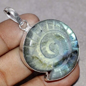Geschnitzter natürlicher feuriger Labradorit 925 Silber plattiert Spirale Anhänger 2" GW - Bild 1 von 3