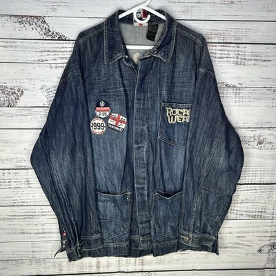Vintage Y2K Rocawear Denim Jean Jacket Embroidered Patches Baggy Hip-Hop Rap 2XL - Image 1 of 4