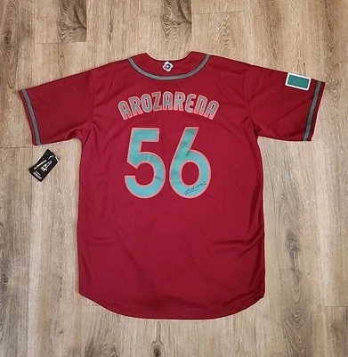 TEAM MEXICO WBC RANDY AROZARENA AUTO SIGNED AUTOGRAPH #56 RED JERSEY RAYS PROOF - Image 1 of 4