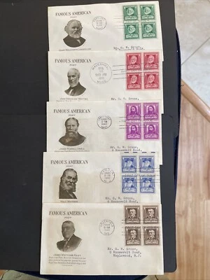 1940 Set of 5 Famous American POETS Blocks of 4 FDCs Grimsland Cachets Sc# 864-8 - Image 1 of 4