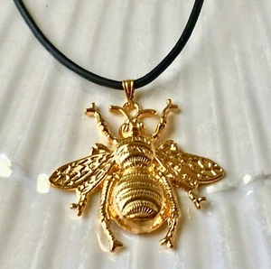 Bumble Bee Pendant Necklace Gold Plated Black Leather Cord 24" Insect Bea - Picture 1 of 12