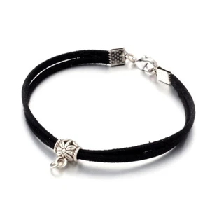 50 Strds Flat Faux Suede Lace Cord Bracelet Bases w/ Charm Holder Black 7.3 Inch - Picture 1 of 4