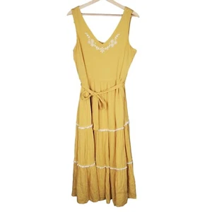 Joie Midi Dress Yellow Medium 8 V-neck Embroidered Cottagecore Crepe Tiered - Picture 1 of 12