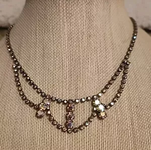 Vintage Gold Tone Iridescent Rhinestone Formal Costume Pageant 17" Necklace - Picture 1 of 9