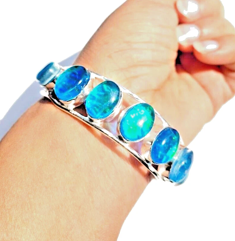 Australian Triplets Opal Gemstone 925 Sterling Silver Handmade Jewelry Bangle - Image 1 of 4