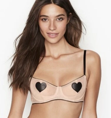 Victorias Secret DREAM ANGELS Push-Up Bra Nude Mesh Black Faux Leather Heart 34D - Image 1 of 3