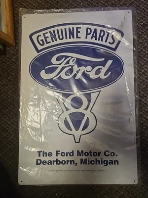 Ford V8 Embossed Tin Metal Sign V8 Genuine Parts Dearborn Michigan - Image 1 of 2