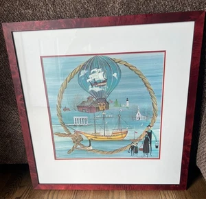 P. Buckley Moss 1984 Framed Print Ship & Balloon Nautical Amish Art 22x22 - Picture 1 of 14