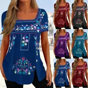 Womens Birthday Gift T Shirt Ladies Floral Short Sleeve Buttons Long Top Blouse - Picture 1 of 7