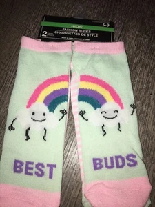 Girls Ladies Shoes Sz 5-9 Rainbow Best Buds Friends Sock Set 2 Pair Bff - Picture 1 of 5