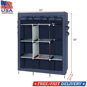 Closet Wardrobe Clothes Rack Storage Organizer Shelf Non-woven Blue 50"x69" - Picture 1 of 19