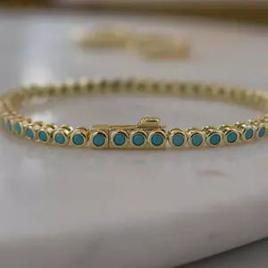 3mm Round Cut Lab-Created Turquoise Bezel Tennis Bracelet 14K Yellow Gold Plated - Picture 1 of 10