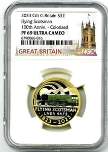 2023 2PD GREAT BRITAIN GILT SILVER COLOR PROOF NGC PF69 UCAM FLYING SCOTSMAN - Picture 1 of 2