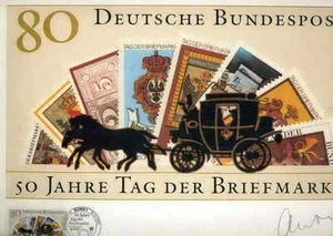 POSTKUTSCHE mit BRIEFMARK - Antonia GRASCHBERGER München Signiert mit BRIEFMARKE - Picture 1 of 1