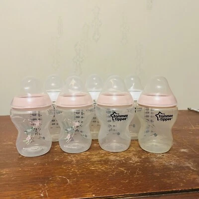 Tommy Tippee Baby Bottles 9 ounce oz Lot Of 9 Pink White Rings No Nipples - Image 1 of 4