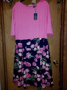 NWT Womens size 3XL Oxiuly Fashion pink tulips knit short sleeve pleated dress p - Picture 1 of 19