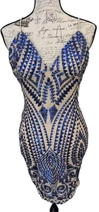 NWT Main Strip Strappy Stretch Cocktail Dress Royal Blue Sequin on Nude Small - Picture 1 of 6