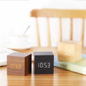 New Digital Wooden LED Alarm Clock Desktop Table Decor Thermometer Voice Control - Picture 1 of 28