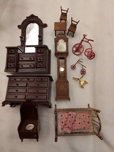 Lot Of Dollhouse Furnishings, Dressers, Clock, Commode, Rocky Cradle, Etc. - Picture 1 of 14