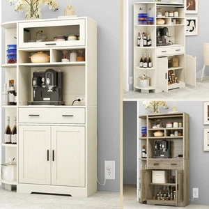67" Kitchen Bakers Rack Pantry Storage Cabinet w Charging Station 4 Side Shelves - Picture 1 of 22