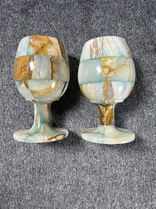 Two Vintage Egyptian Onyx Natural Stone Wine Goblets Brandy Snifters 5” Tall - Picture 1 of 5