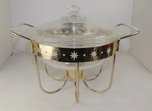 Vtg 1950s MCM Fire King Chafing Round Dish Metal Rack Atomic Starburst Casserole - Picture 1 of 9