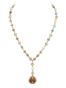 "Collar colgante verde-gris en forma de Y tono dorado delicado claro 17"" más extensor" - Imagen 1 de 2