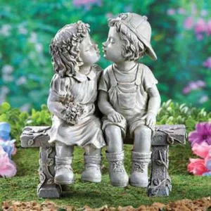 Antique Finish "Puppy Love, First Kiss" Children on Bench Outdoor Garden Statue - Picture 1 of 1