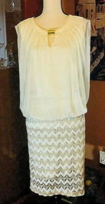 NUEVO CON ETIQUETAS Vestido Perceptions Marfil Dorado Metálico Elástico Noche Ocasión Cóctel 16 Foto 1 de 4