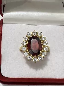 3Ct Oval Lab Created Red Ruby Diamond Halo Wedding Rings 14K Yellow Gold Plated - Picture 1 of 4