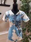 Affliction Women's White & Blue  Haunted Winter Short Sleeve Top Blouse Size M
