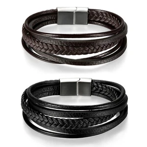 Men's Multilayer Braided Leather Bracelet Wristband Bangle Cuff Magnetic Gift US - Picture 1 of 19