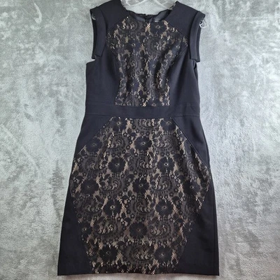 Adrianna Papell Sheath Dress 14 Black Sleeveless Lace Illusion Cocktail Elegant - Image 1 of 4