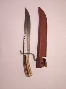 Damastbowie mit Damastparierelement, Hirschhorngriff und Lederscheide - 25cm - Bild 1 von 4