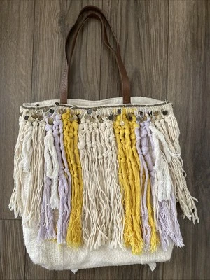 Bolso de Mano Jasper & Jeera Anthropologie Cartera Amarillo Crema Flecos Cuero Boho Foto 1 de 4