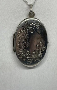 Vintage Sterling graviert Vergissmeinnicht Blumen oval Medaillon Anhänger Halskette - Bild 1 von 10