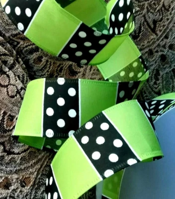 Lime Green 1.5" x 4 yds Blocked Wired Ribbon White Dots on Black Halloween - Image 1 of 4