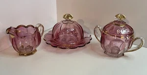 Northwood Butter Dish and Lid, Sugar W/lid Creamer Flashed Cranberry Antique Set - Picture 1 of 24