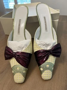 Designer ANTONIO BERARDI LEATHER PUMP HEEL Sandal 37/US 6.5 Metallic Bow/Fabric - Picture 1 of 9